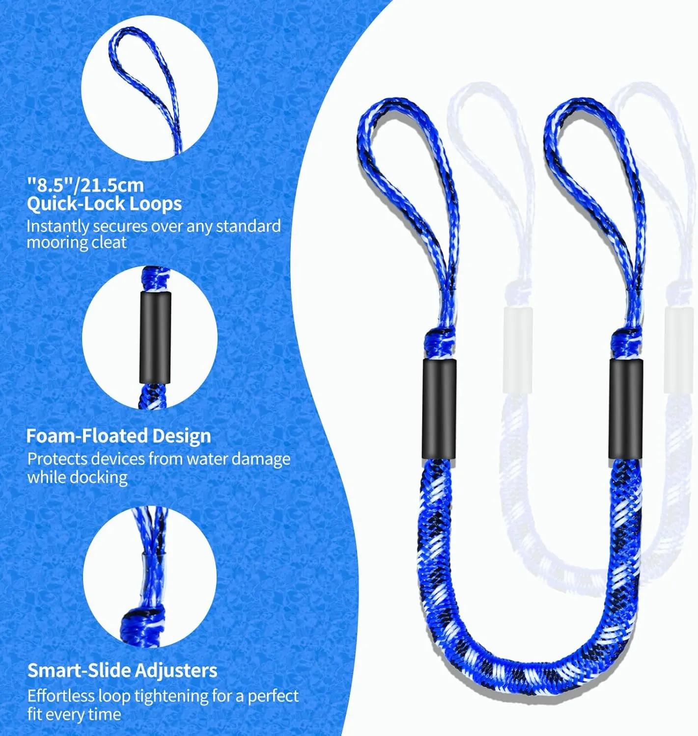 4FT Bungee Dock Lines for Boats with Loops  Shock Absorbent Mooring Rope, Perfect Boat/Jet Ski/Pontoon Accessories, Boating Gift for Men 2 PCS (Blue,Black&White)