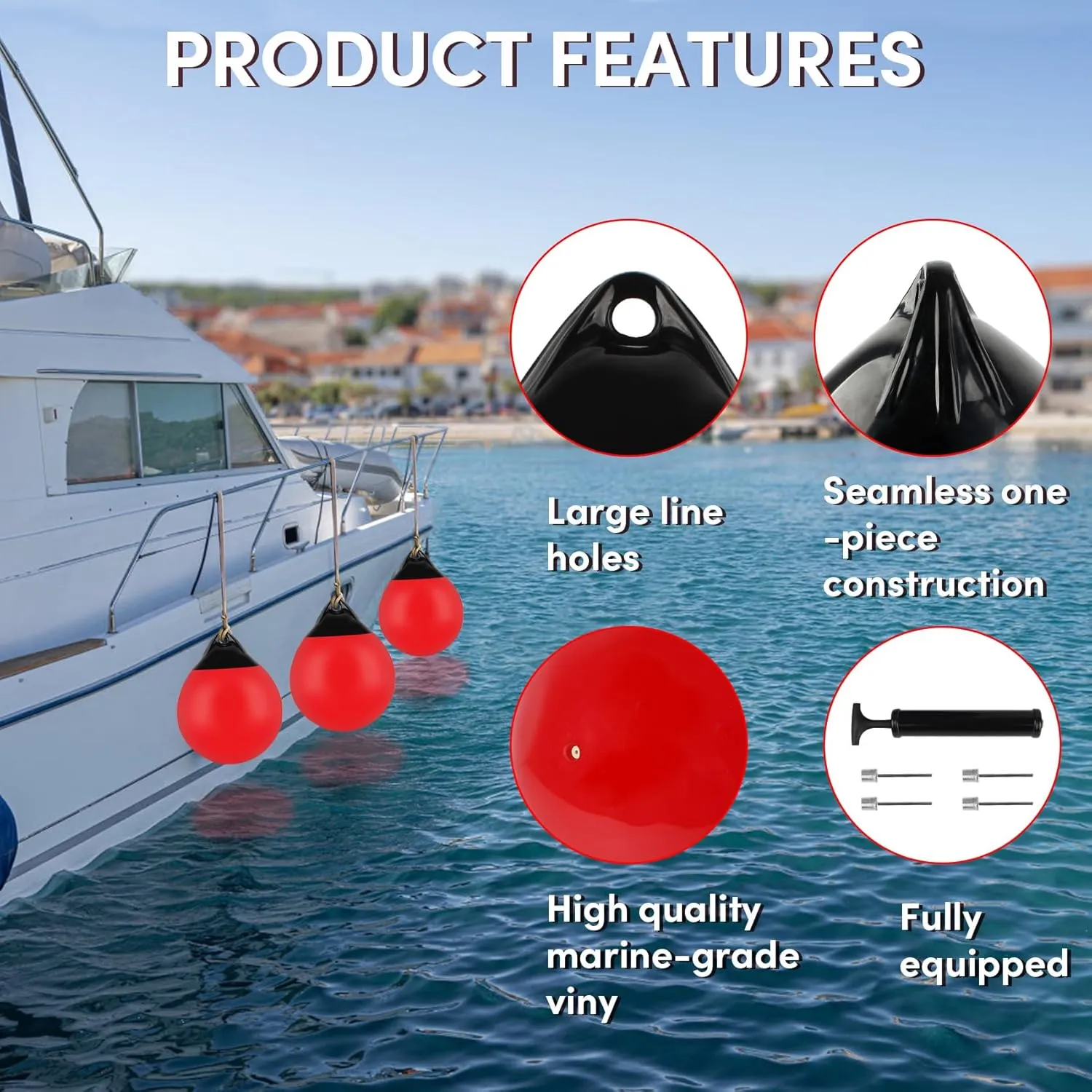 Boat Mooring Buoy 10/12/15 inch,Round Boat Fender Ball Boat Buoy Ball,Inflatable Boat Fender Dock Bumper Ball Anchor Buoy Suitable for Yachts Marinas Sailboats Ski Boats
