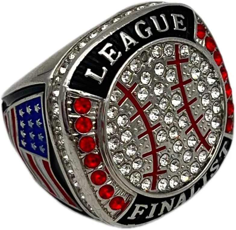 Discount Sports Rings BALL LEAGUE FINALIST RING ??SILVER BODY, CLEAR STONES, RED LACES Item 5-31, Clear,Silver