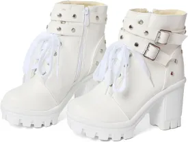 Goth Boots Chunky Heel Boot For Women Ankle Combat Booties Black Platform Bootie Buckle Rivets Punk Goth Shoes With Zipper