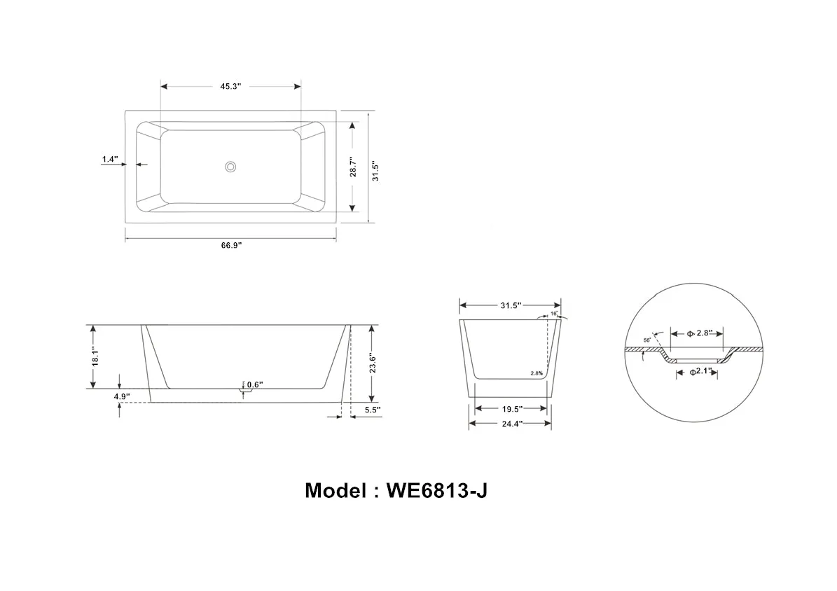 Legion Furniture WE6813 67" Acrylic Bathtub