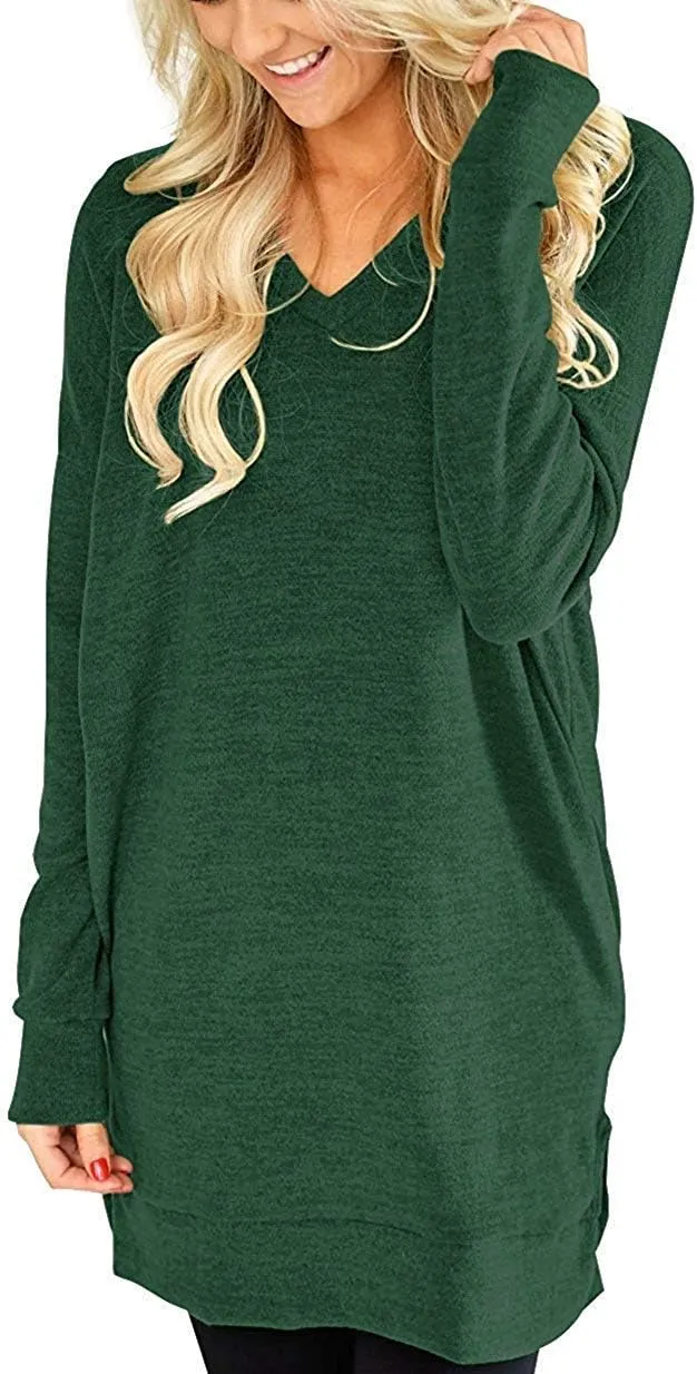 LERUCCI Womens Casual Long Sleeves Solid V-Neck Tunics Shirt Tops with Pockets