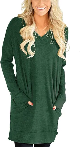 LERUCCI Womens Casual Long Sleeves Solid V-Neck Tunics Shirt Tops with Pockets