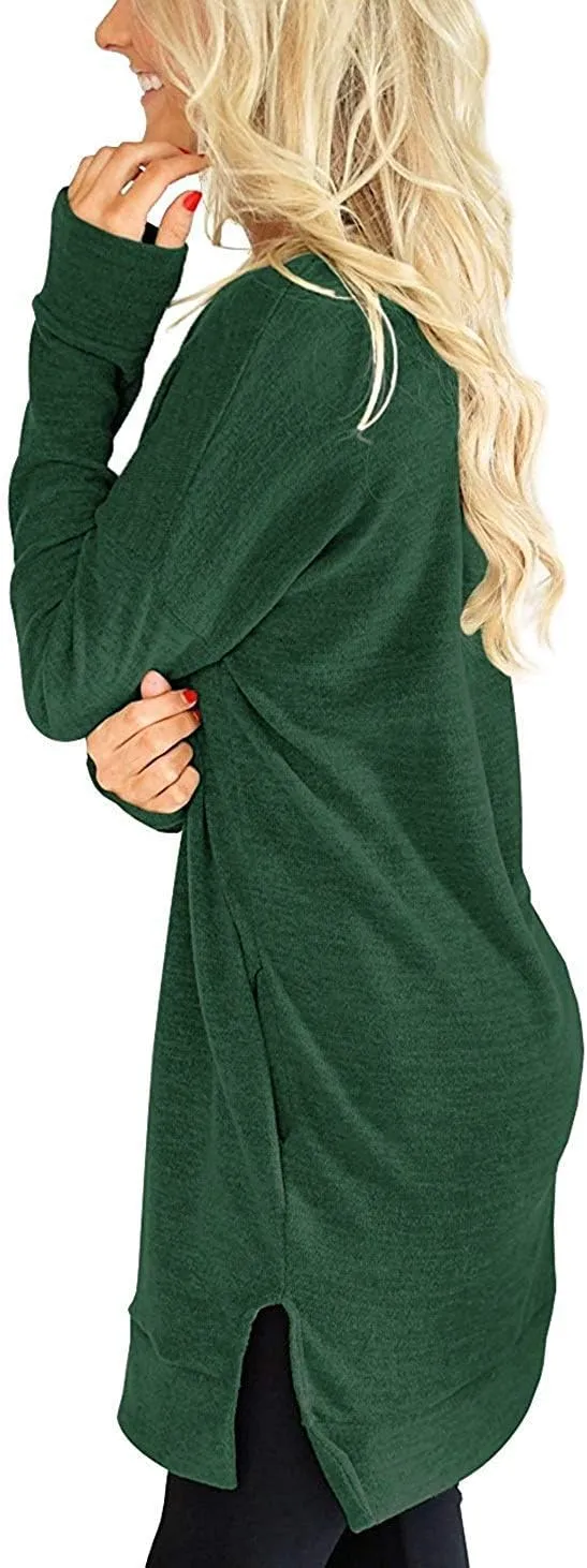 LERUCCI Womens Casual Long Sleeves Solid V-Neck Tunics Shirt Tops with Pockets