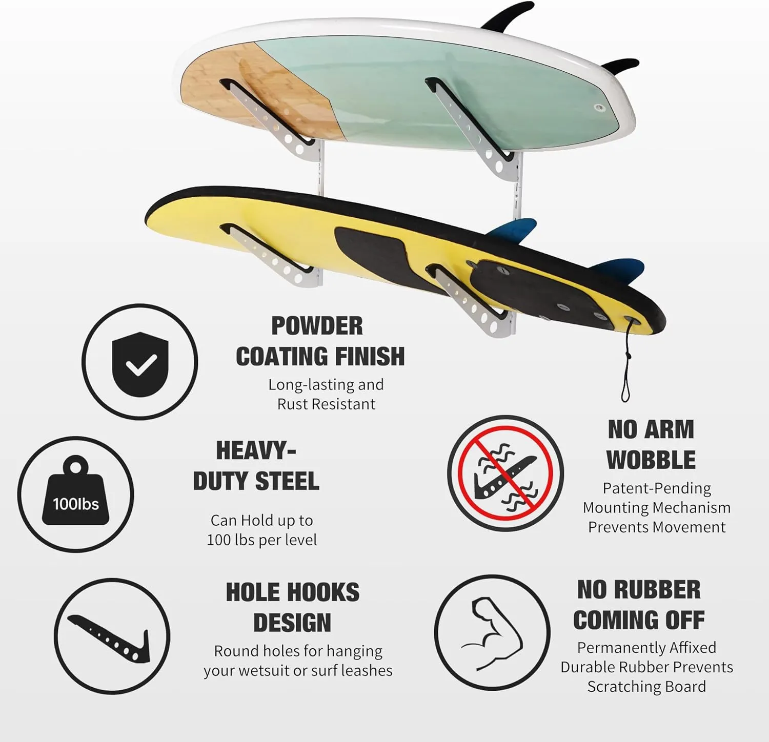 Multi Board Surf Rack Wall Mount for Surfboard, Wakeboard, Snowboard Storage, Adjustable Wall Hangers Boards Display