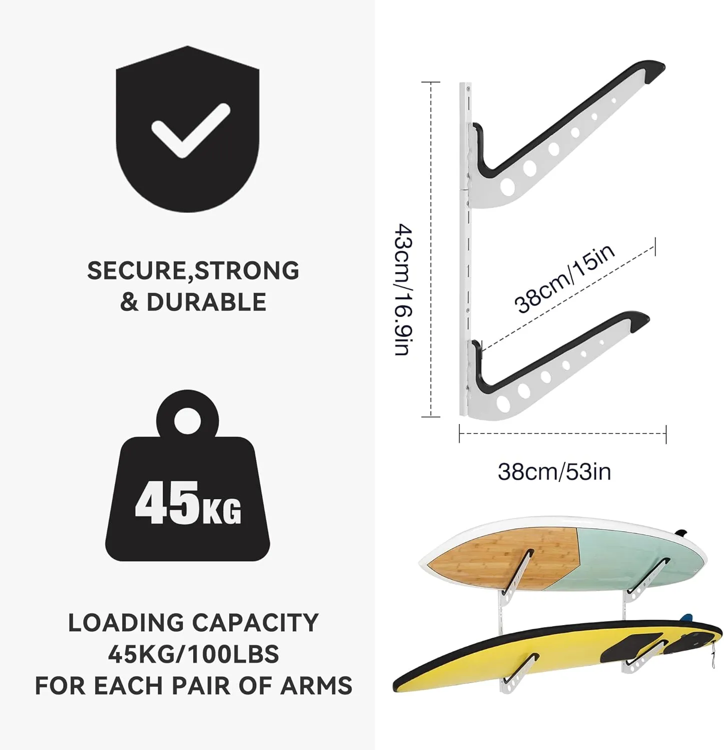 Multi Board Surf Rack Wall Mount for Surfboard, Wakeboard, Snowboard Storage, Adjustable Wall Hangers Boards Display