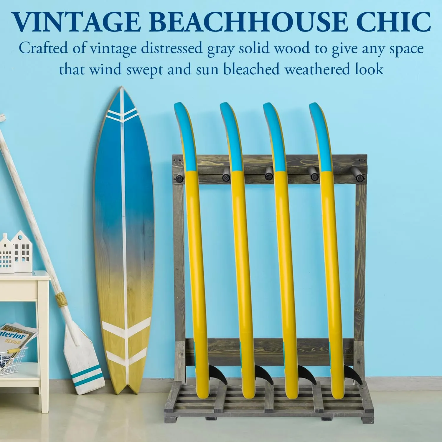 MyGift 4-Ft Tall Rustic Burnt Wood Freestanding Vertical Surfboard Rack, Wakeboard SUP Paddleboard Storage Rack - Holds up to 4 Boards