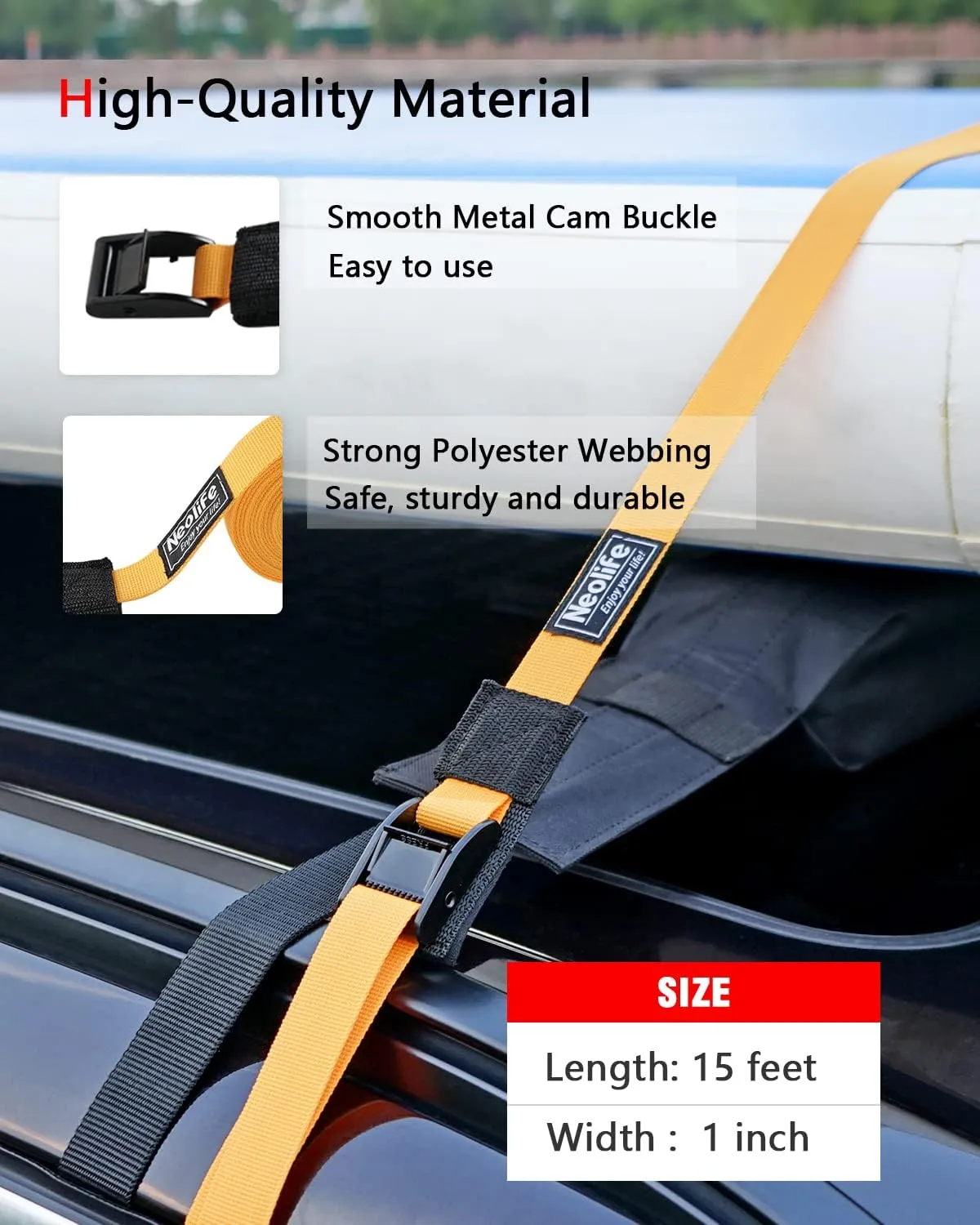 Rack Strap Tie Down Straps for Surfboard SUP Paddleboard Kayak Snowboard and Canoes, 15 Feet (Pair), Black/Yellow/Gray