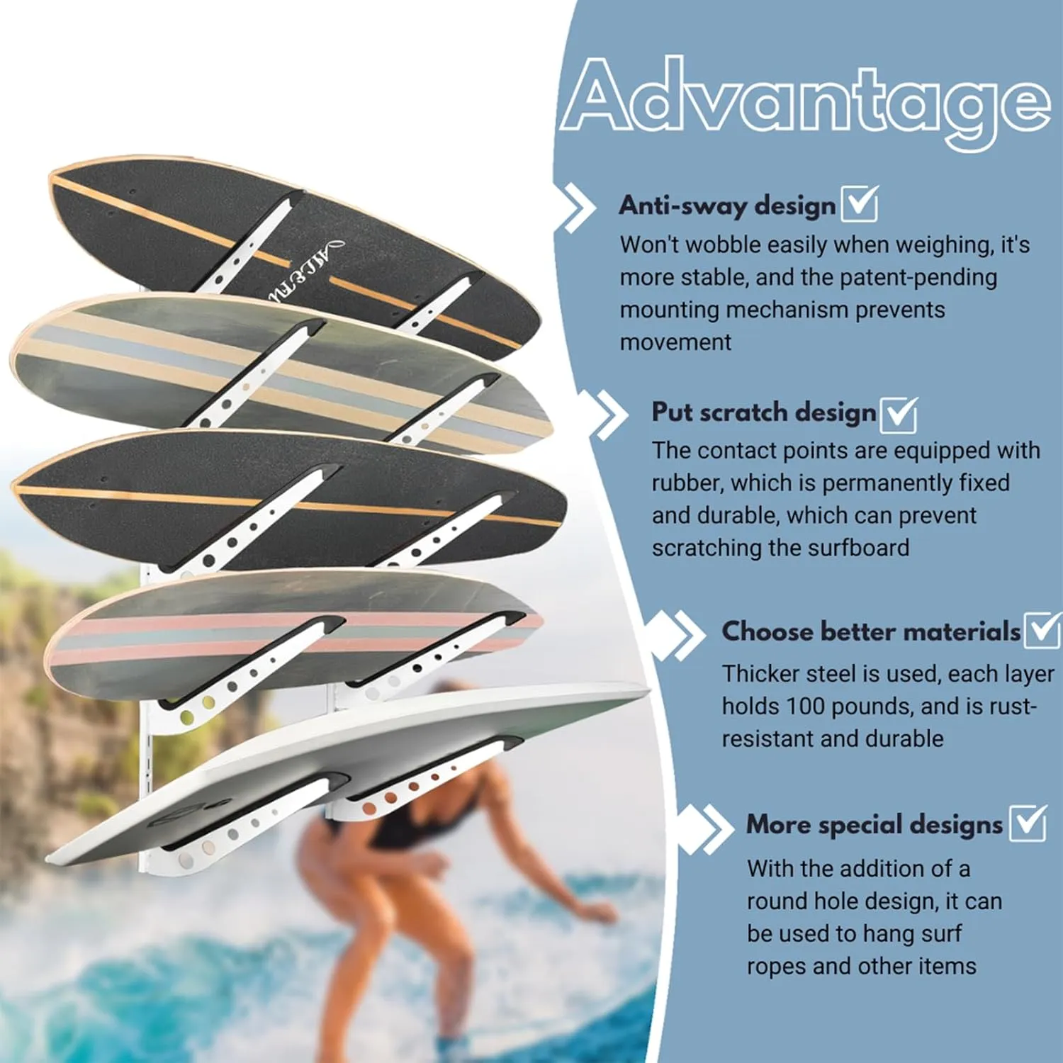 Snowboard Wall Mount, Adjustable 5/6 Board Surfboard Rack, Surfboard Wall Hangers for Surfboard, Wakeboard, and Snowboard Storage at Home or Garage