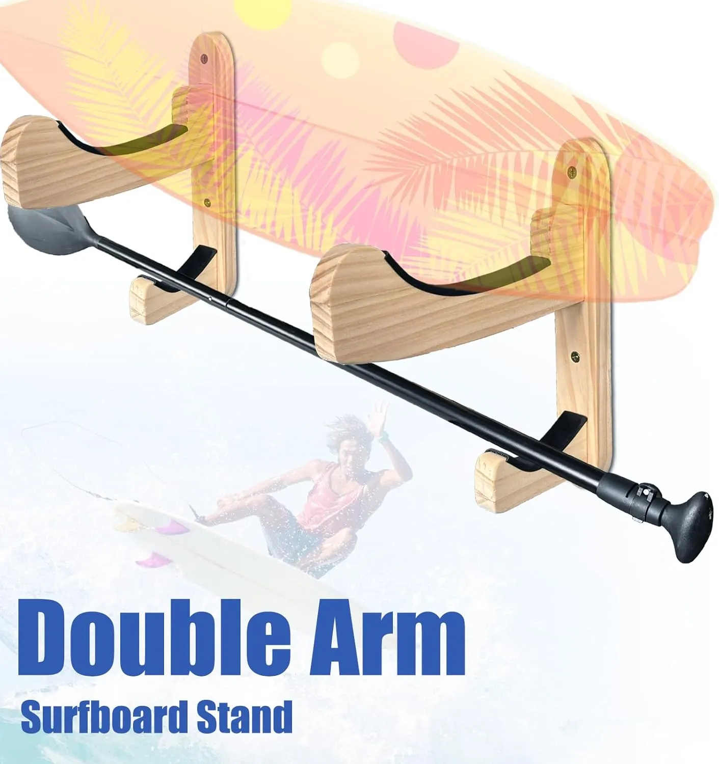 Surfboard Wall Mount Racks, Also for Skateboards/Snowboards/Skiing Boards/Bicycle Wheels/Field Hockey Sticks/Bicycles Wood Hangers Paddle Storage Display Stand Indoor Outdoor Bedroom