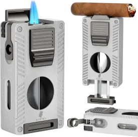 XIFEI Cigar Lighter, 5 in 1 Refillable Butane Lighter, Built-in Cigar Punch, V Cut Cigar Cutter, Cigar Draw Enhancer, Cigar Holder, Double Jet Flame Torch Lighter Gifts for Men (Silver)