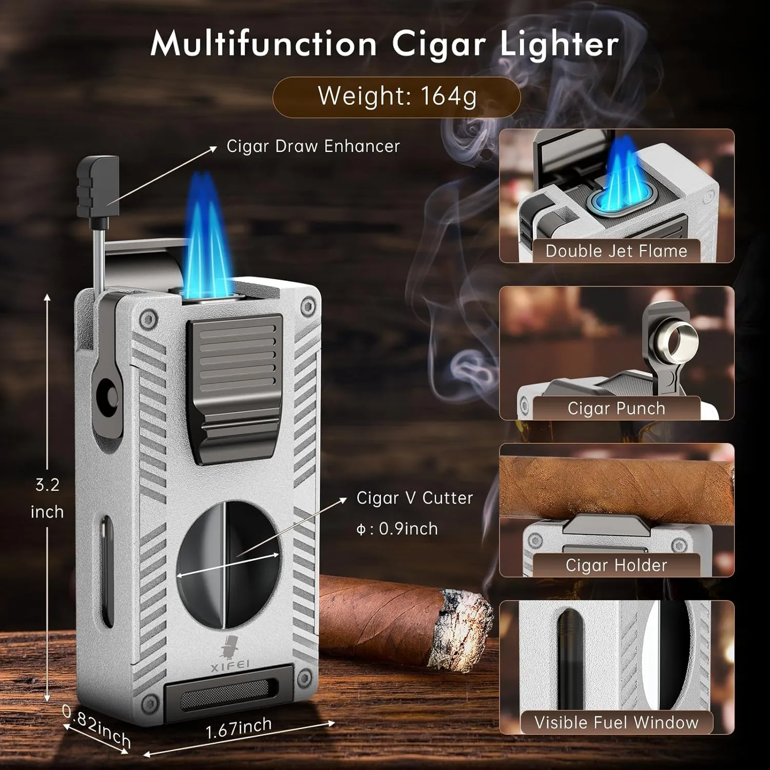 XIFEI Cigar Lighter, 5 in 1 Refillable Butane Lighter, Built-in Cigar Punch, V Cut Cigar Cutter, Cigar Draw Enhancer, Cigar Holder, Double Jet Flame Torch Lighter Gifts for Men (Silver)