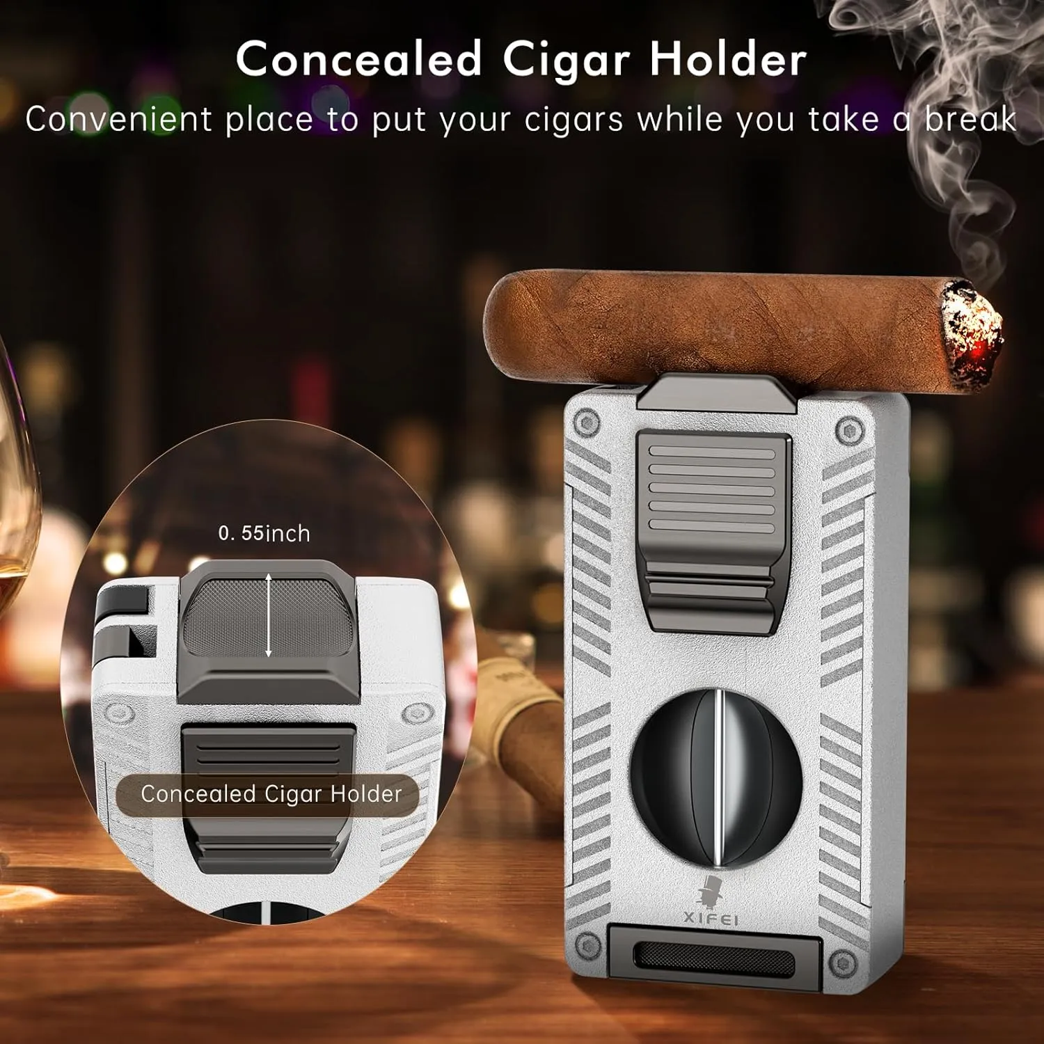 XIFEI Cigar Lighter, 5 in 1 Refillable Butane Lighter, Built-in Cigar Punch, V Cut Cigar Cutter, Cigar Draw Enhancer, Cigar Holder, Double Jet Flame Torch Lighter Gifts for Men (Silver)