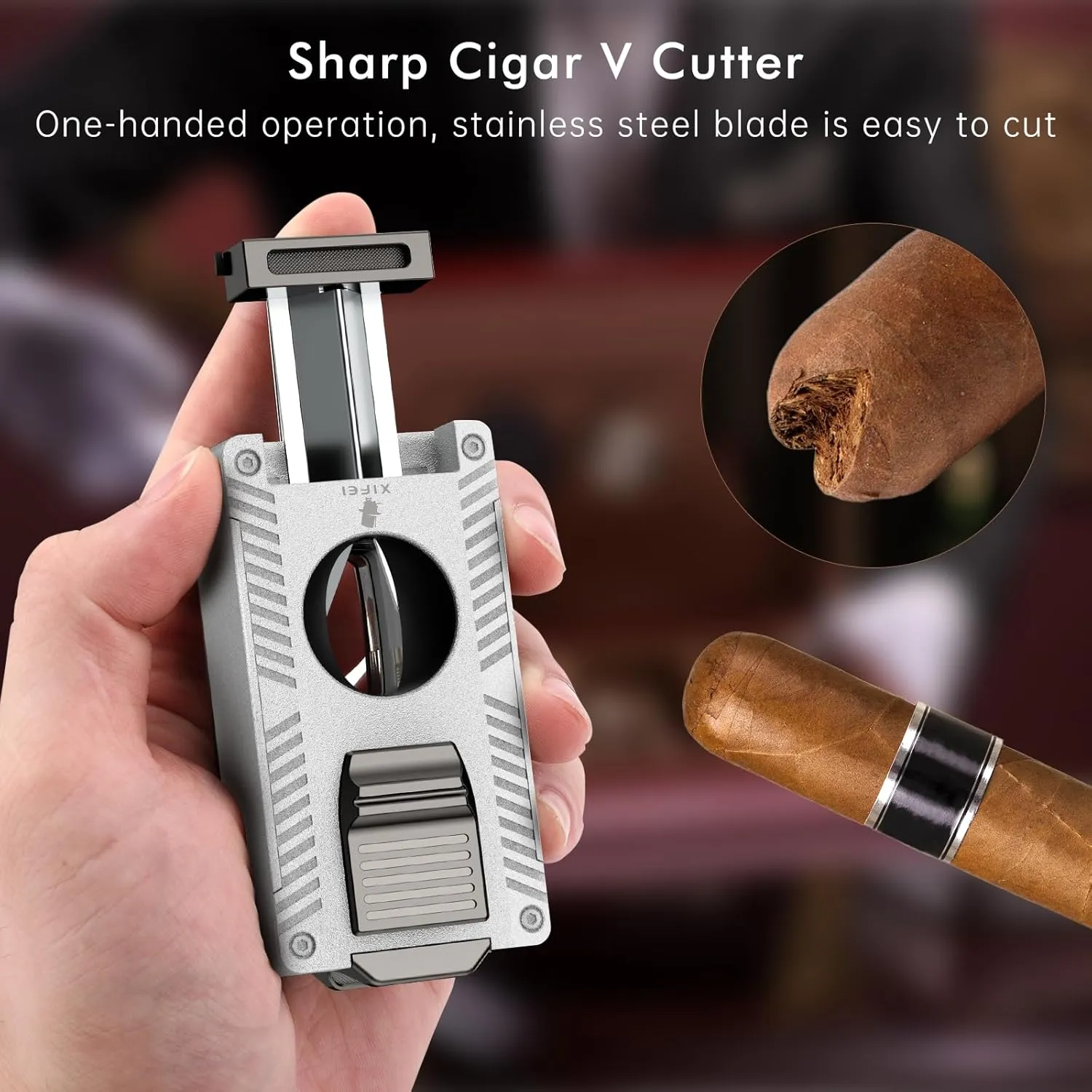 XIFEI Cigar Lighter, 5 in 1 Refillable Butane Lighter, Built-in Cigar Punch, V Cut Cigar Cutter, Cigar Draw Enhancer, Cigar Holder, Double Jet Flame Torch Lighter Gifts for Men (Silver)