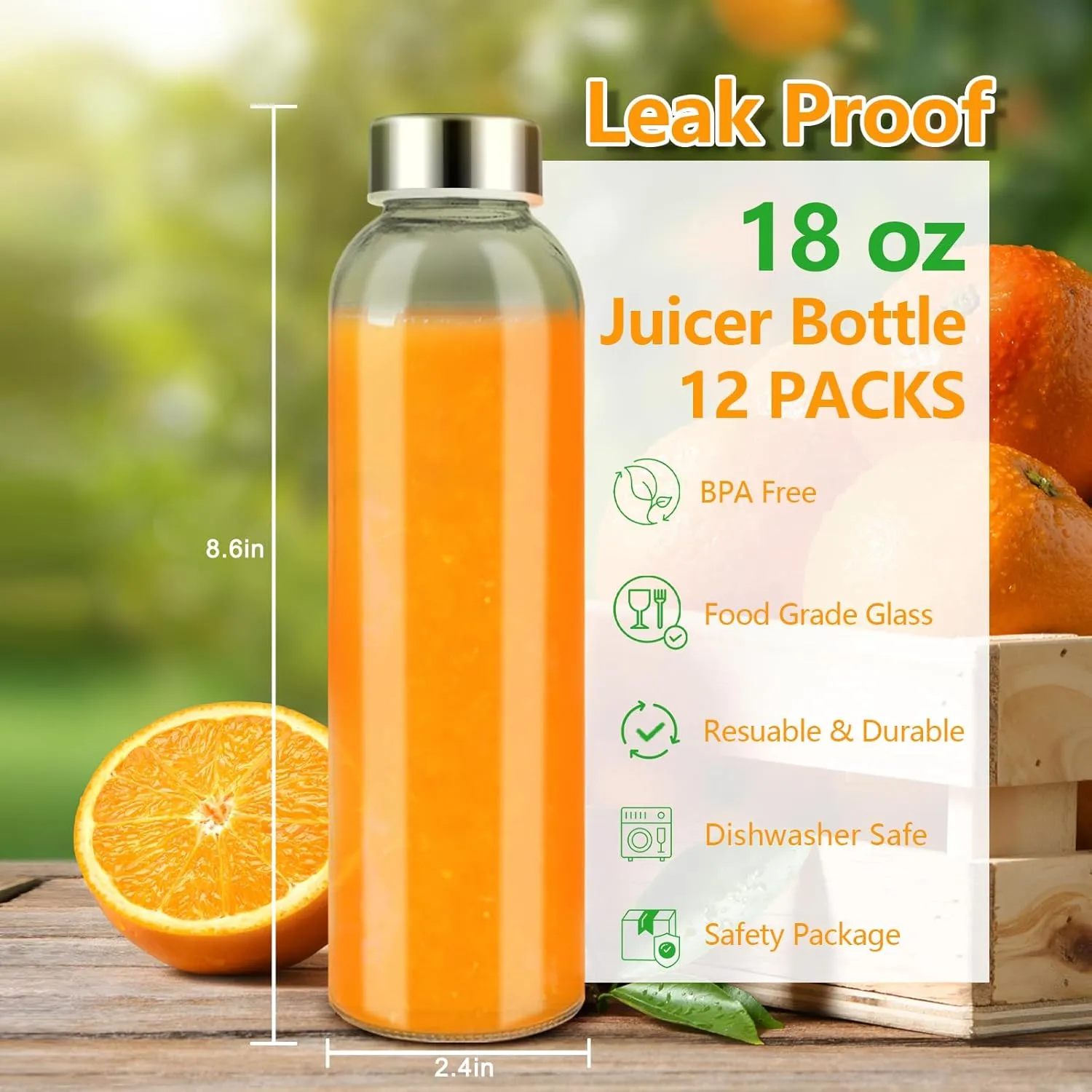 Zukro Glass Water Bottles with Lids 18 oz, 12 Pack Reusable Juice Bottles With Stainless Steel Airtight Cap for Juicing, Leak Proof Clear Drinking Jar Beverage storage container for Fridge, BPA Free